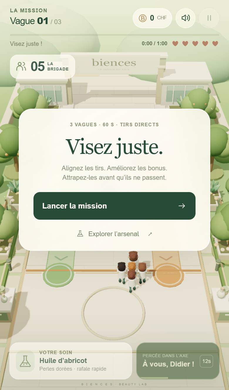 Écran titre de Beauty Defense : la brigade Biences devant le jardin, bouton Lancer la mission.