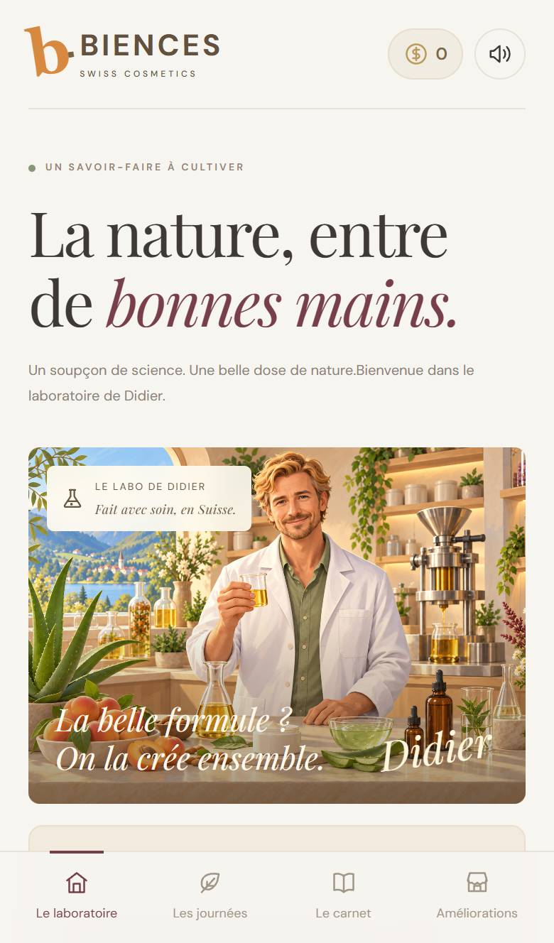 Écran d’accueil du Labo de Didier : Didier dans son laboratoire, un flacon d’huile à la main.