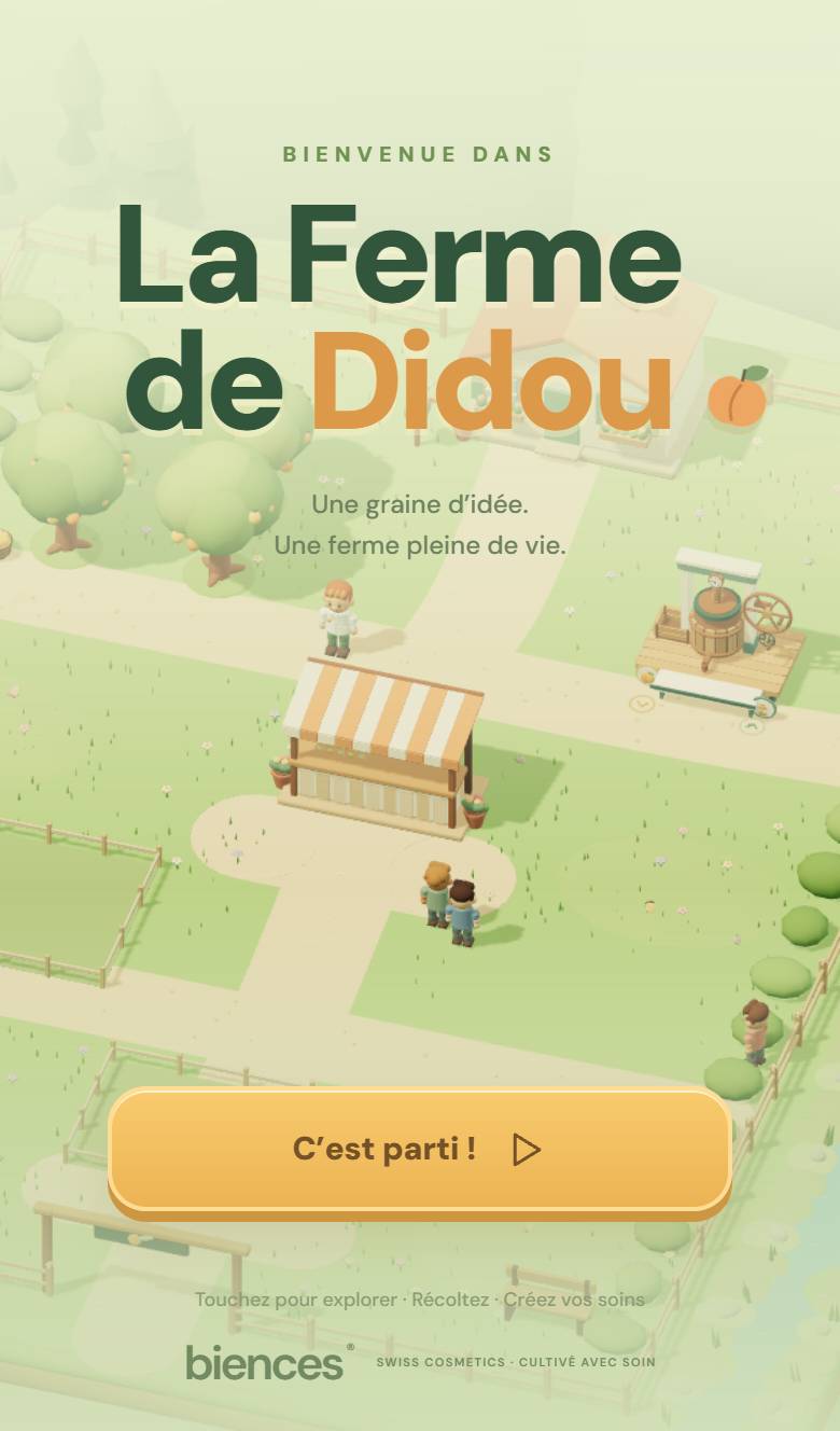 Écran titre de La Ferme de Didou : la ferme en 3D avec son étal et son pressoir.